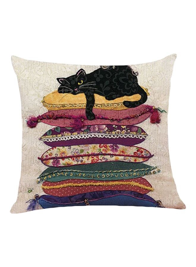 Voberry - Cat Printed Cushion Cover Beige/Black/Pink 15x15x3cm - Image 1