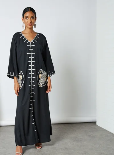 Coco Desert Embroidered Pocket Abaya Navy Black