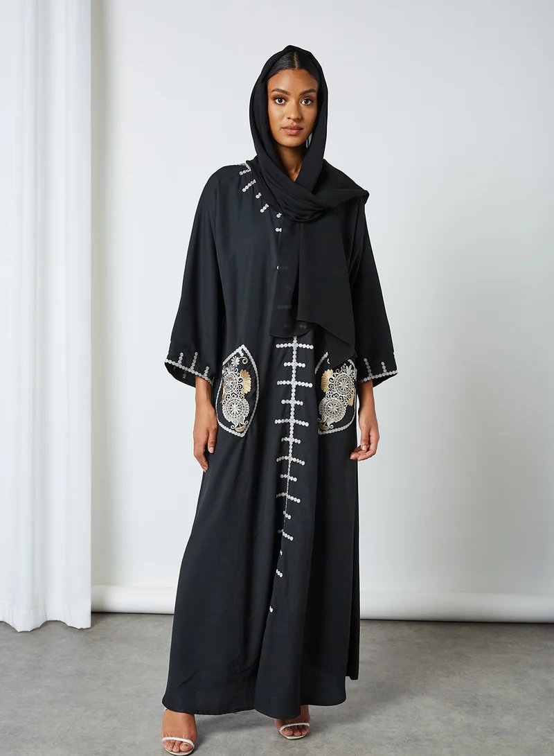 Coco Desert Embroidered Pocket Abaya Navy Black
