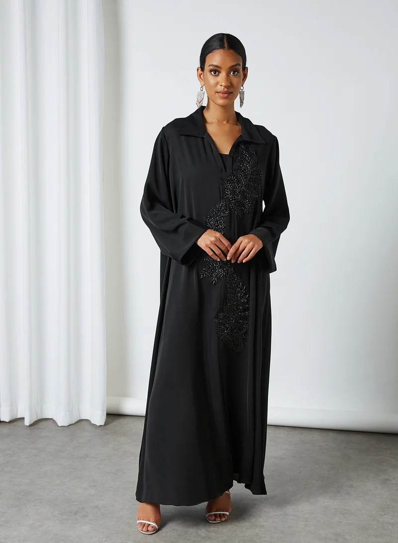 Coco Desert Embroidered Detail Abaya Black