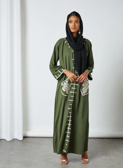 Coco Desert Embroidered Pocket Abaya Olive