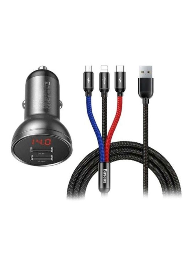 Baseus Dual USB Car Charger With 3-In-1 Cable Grey  - Image 1