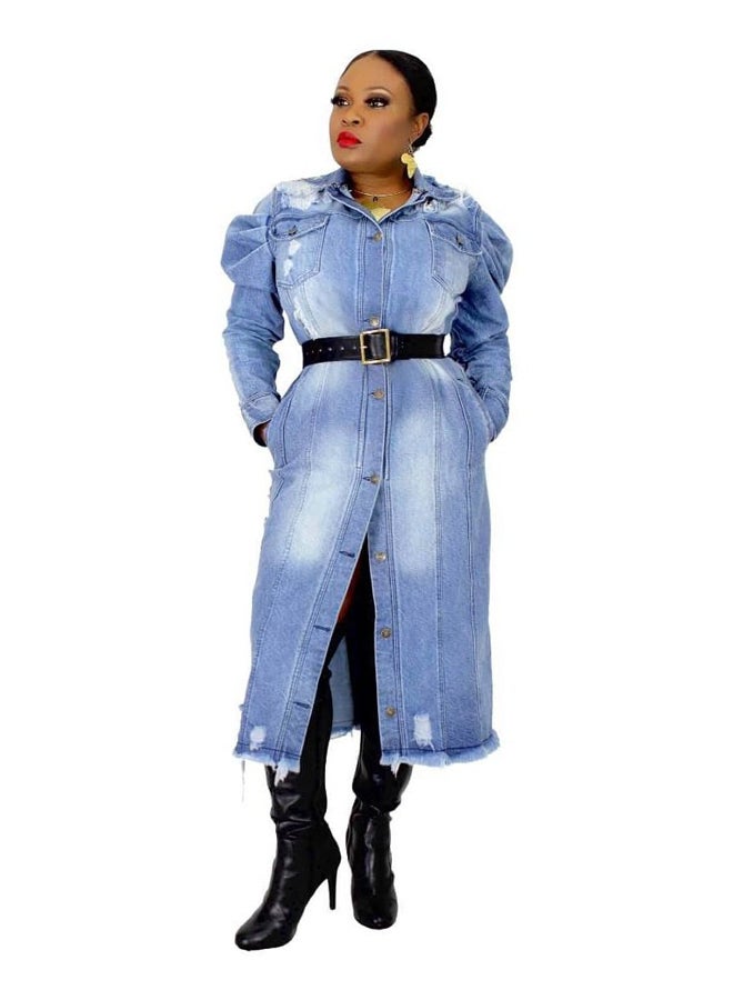 Vchic Jessica Distressed Design Belted Denim Coat Blue  - Image 1