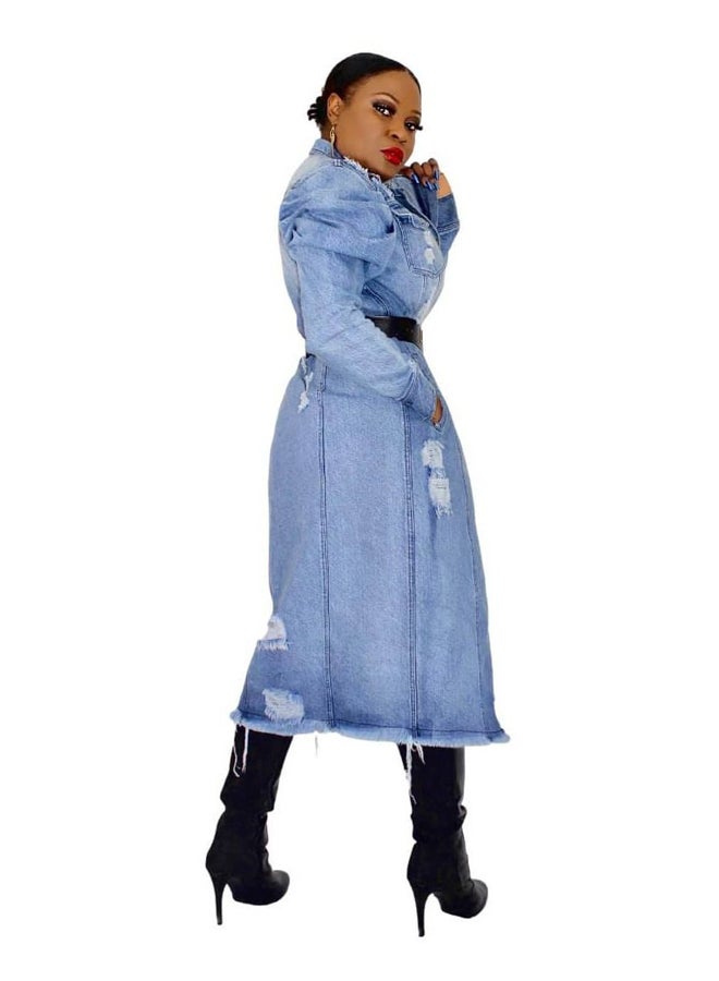 Vchic Jessica Distressed Design Belted Denim Coat Blue  - Image 3