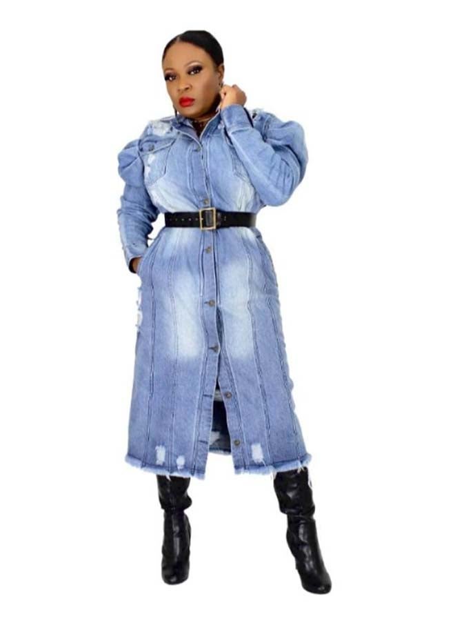 Vchic Jessica Distressed Design Belted Denim Coat Blue  - Image 2