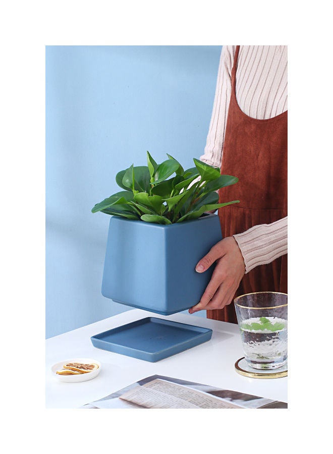 Shuer Square Shaped Ceramic Flowerpot With Separating Tray Blue 13x13x15cm  - Image 4