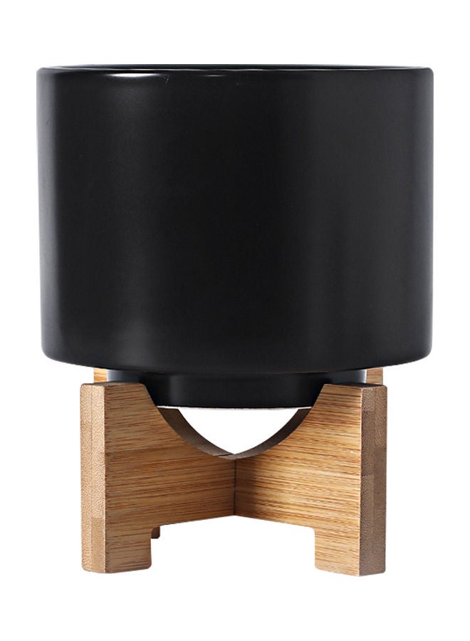 Large Round Ceramic Flower Pot  For Indoor Outdoor With Wood Stand Black/Brown 14x17.8x12cm