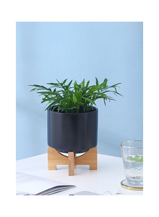 Large Round Ceramic Flower Pot  For Indoor Outdoor With Wood Stand Black/Brown 14x17.8x12cm - v1614722896/N44864904A_2