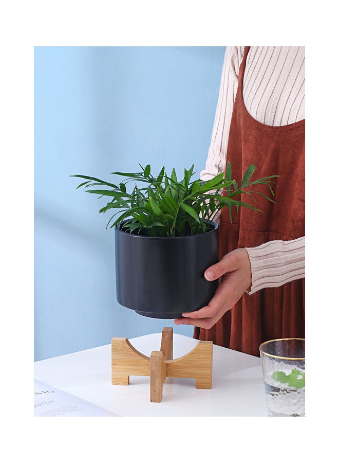 Large Round Ceramic Flower Pot  For Indoor Outdoor With Wood Stand Black/Brown 14x17.8x12cm