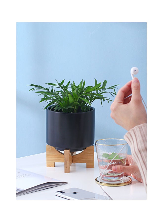 Large Round Ceramic Flower Pot  For Indoor Outdoor With Wood Stand Black/Brown 14x17.8x12cm