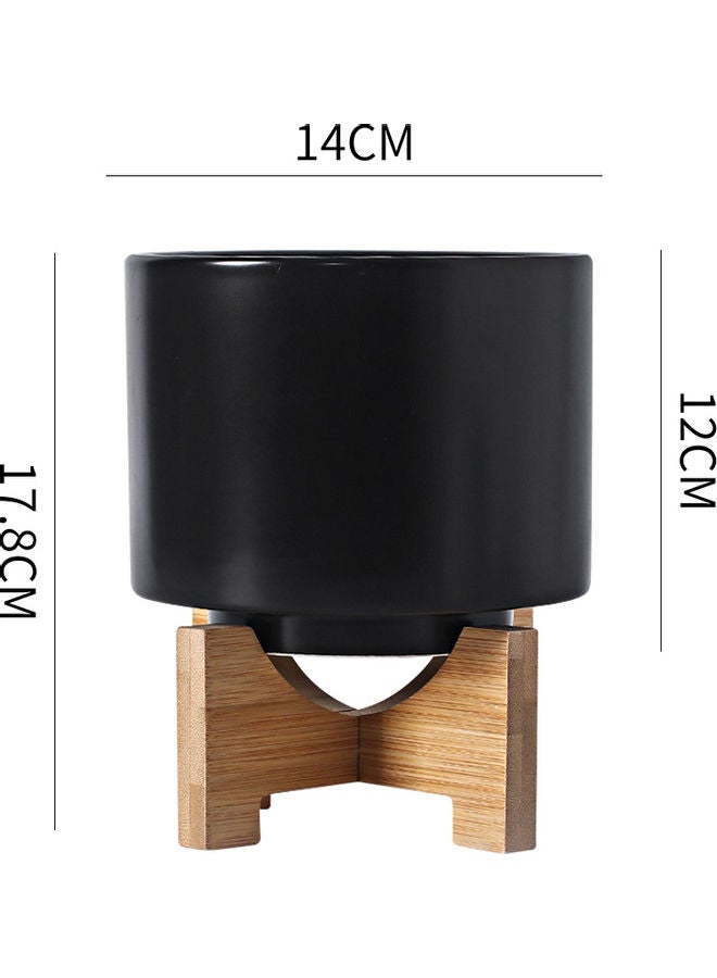 Large Round Ceramic Flower Pot  For Indoor Outdoor With Wood Stand Black/Brown 14x17.8x12cm