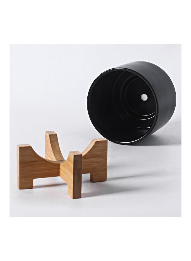 Large Round Ceramic Flower Pot  For Indoor Outdoor With Wood Stand Black/Brown 14x17.8x12cm