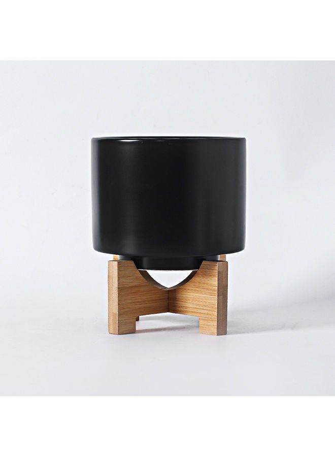Large Round Ceramic Flower Pot  For Indoor Outdoor With Wood Stand Black/Brown 14x17.8x12cm