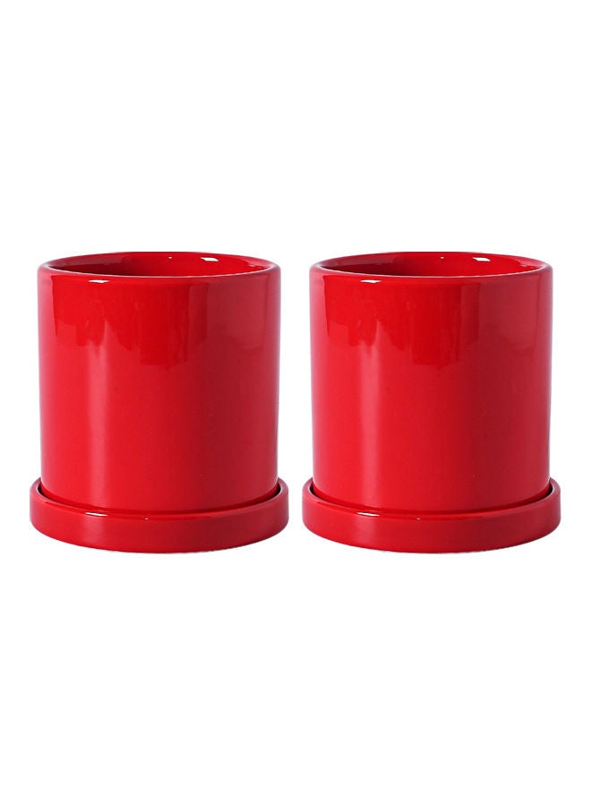 شور قطعتان من أواني الزهور الخزفية الأسطوانية على سطح الطاولة، وعاء نباتات بسيط وحديث مع صينية لشرفة المنزل، وعرض النافذة، وزارع الحديقة باللون الأحمر 11x11x11 سم - Image 2