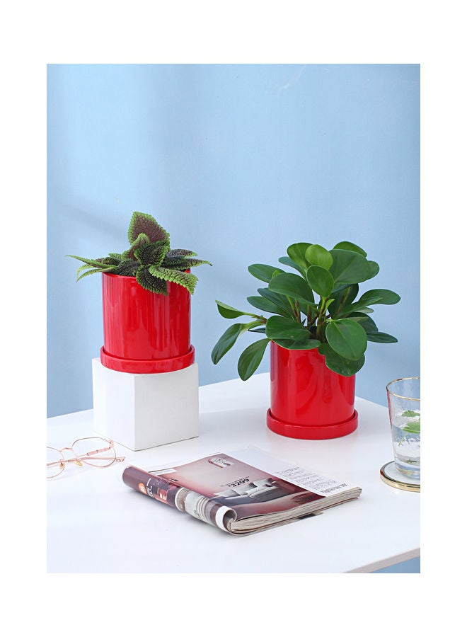 شور قطعتان من أواني الزهور الخزفية الأسطوانية على سطح الطاولة، وعاء نباتات بسيط وحديث مع صينية لشرفة المنزل، وعرض النافذة، وزارع الحديقة باللون الأحمر 11x11x11 سم - Image 1