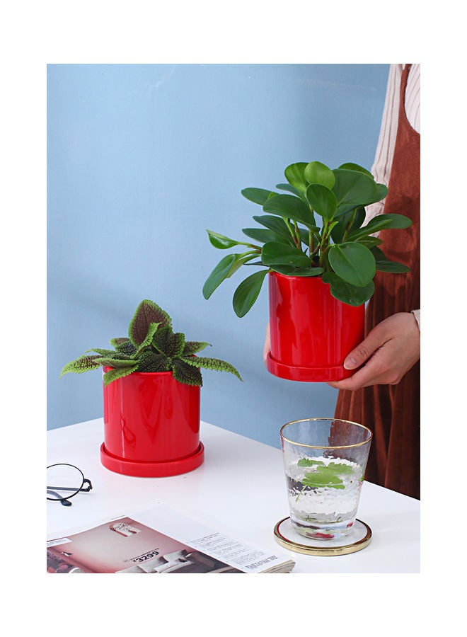 شور قطعتان من أواني الزهور الخزفية الأسطوانية على سطح الطاولة، وعاء نباتات بسيط وحديث مع صينية لشرفة المنزل، وعرض النافذة، وزارع الحديقة باللون الأحمر 11x11x11 سم - Image 3