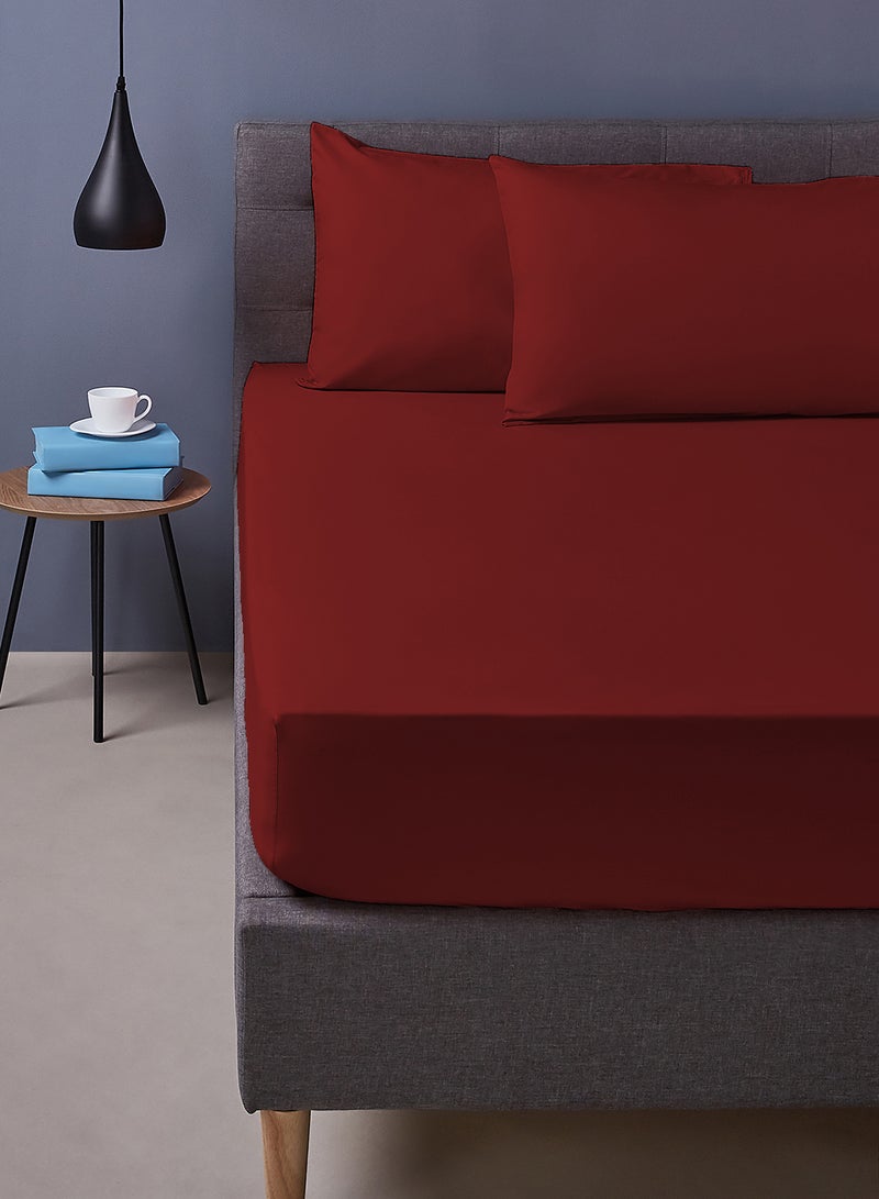 Amal - Home Essential Fitted sheet set/3 King size- 100% Cotton Light Weight Everyday Use 144 TC High Quality 1 Bed Sheet 180x200+33cm, 2 Pillow Case 50x75cm- Garnet Red Cotton Garnet Red - Image 1