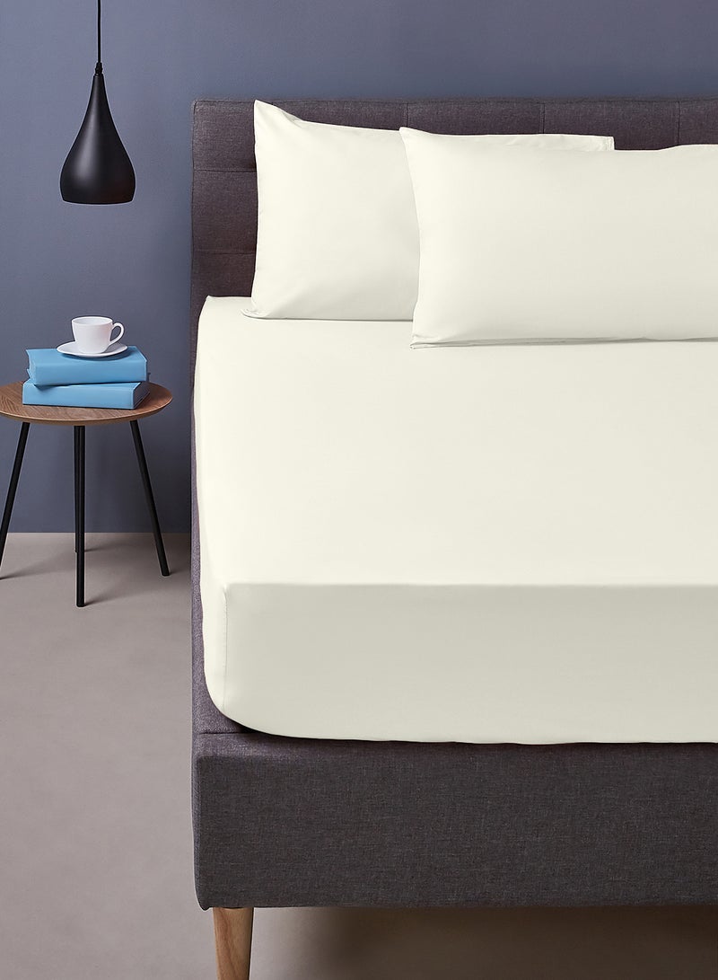Amal - Home Essential Fitted sheet set/3 King size- 100% Cotton Light Weight Everyday Use 144 TC High Quality 1 Bed Sheet 180x200+33cm, 2 Pillow Case 50x75cm- Cream Cotton Cream - Image 1
