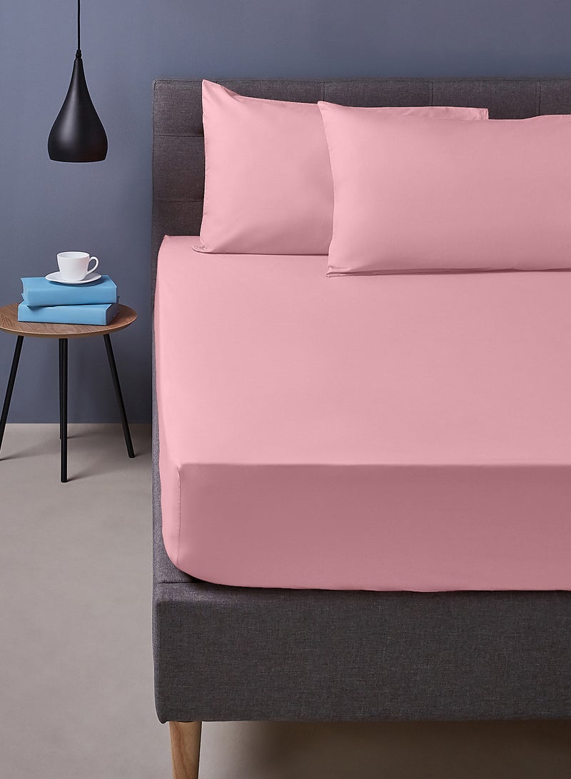 Amal - Home Essential fitted sheet set/3 Single size -  100% Cotton Light Weight Everyday Use 144 TC High Quality 1 Bed Sheet 90x190+25cm, 2 Pillow Case 50x75cm - Pink Cotton Pink - Image 1