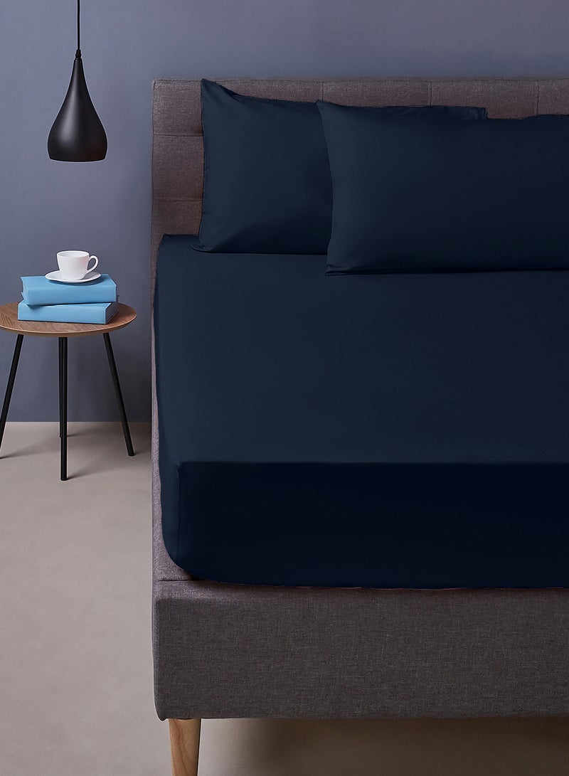 Amal - Home Delight Fitted sheet set/3 Twin size -  100% Cotton Light Weight Everyday Use 144 TC High Quality 1 Bed Sheet120x200+33cm, 2 Pillow Case 50x75cm - 50x75cm-Navy Cotton Navy Blue - Image 1
