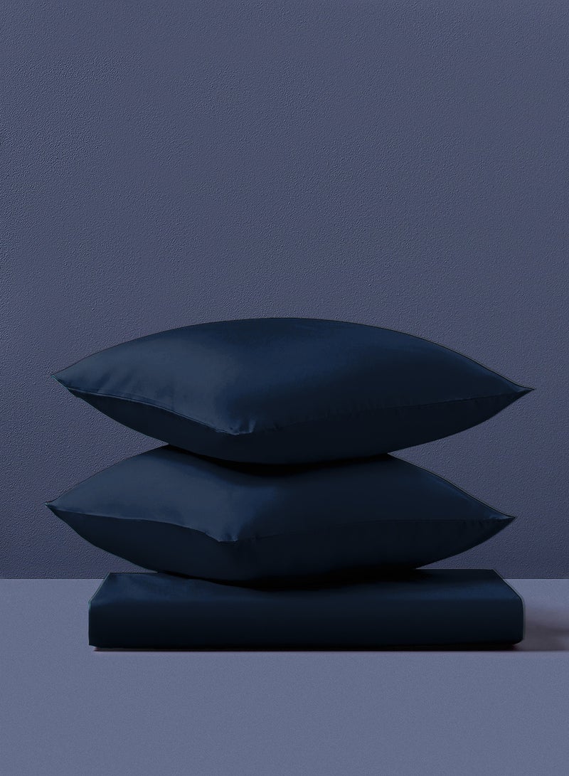 Amal - Home Delight Fitted sheet set/3 Twin size -  100% Cotton Light Weight Everyday Use 144 TC High Quality 1 Bed Sheet120x200+33cm, 2 Pillow Case 50x75cm - 50x75cm-Navy Cotton Navy Blue - Image 1