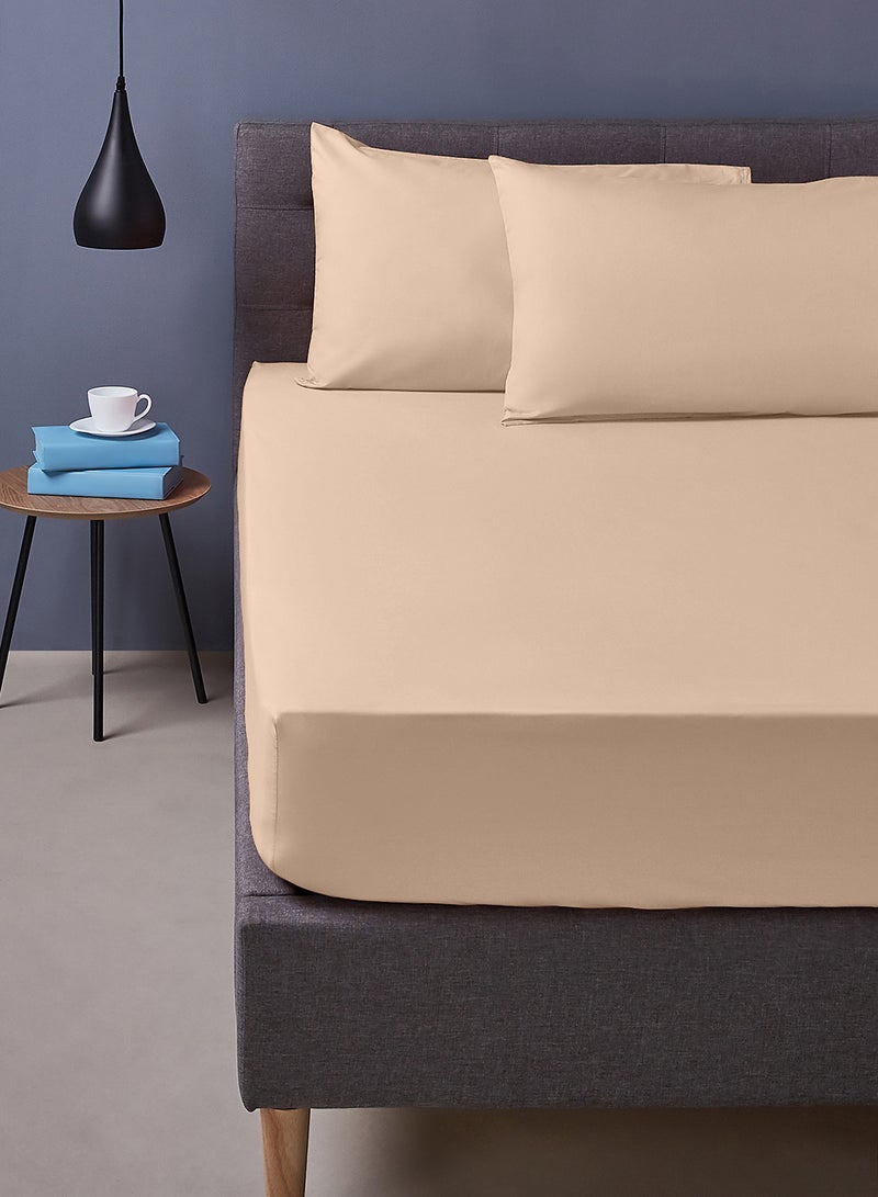 Amal - Home Delight Fitted sheet set/3 King size -  100% Cotton Light Weight Everyday Use 144 TC High Quality 1 Bed Sheet 180x200+33cm, 2 Pillow Case 50x75cm - Beige Cotton Beige - Image 1