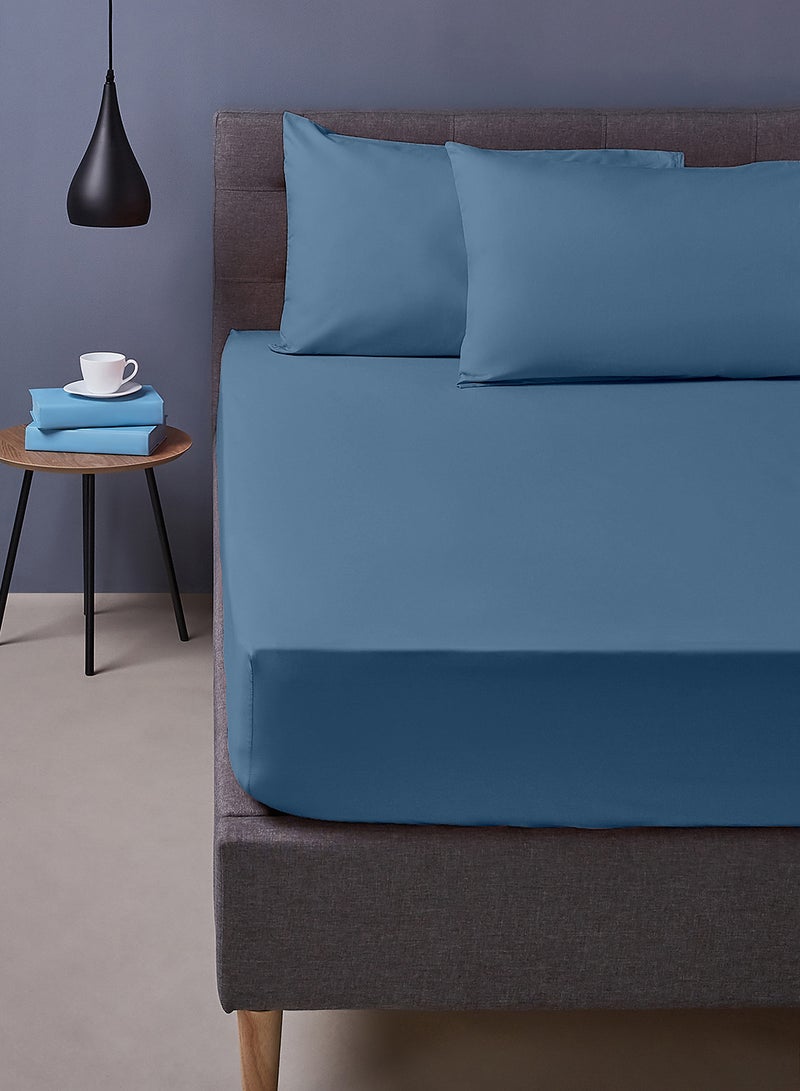 Amal - Home Delight Fitted sheet set/3 Queen size -  100% Cotton Light Weight Everyday Use 144 TC High Quality 1 Bed Sheet 160x200+33cm, 2 Pillow Case 50x75cm - Blue Cotton Slate Blue - Image 1