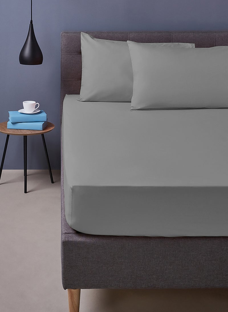 Amal - Home Delight fitted sheet set/3 Single size -  100% Cotton Light Weight Everyday Use 144 TC High Quality 1 Bed Sheet 90x190+25cm, 2 Pillow Case 50x75cm - Grey Cotton Grey - Image 1