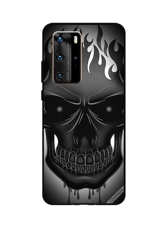 كوفرنيكس غطاء حماية مزين بطبعة لهاتف هواوي P40 برو وردي برسم جمجمة سوداء - Image 1
