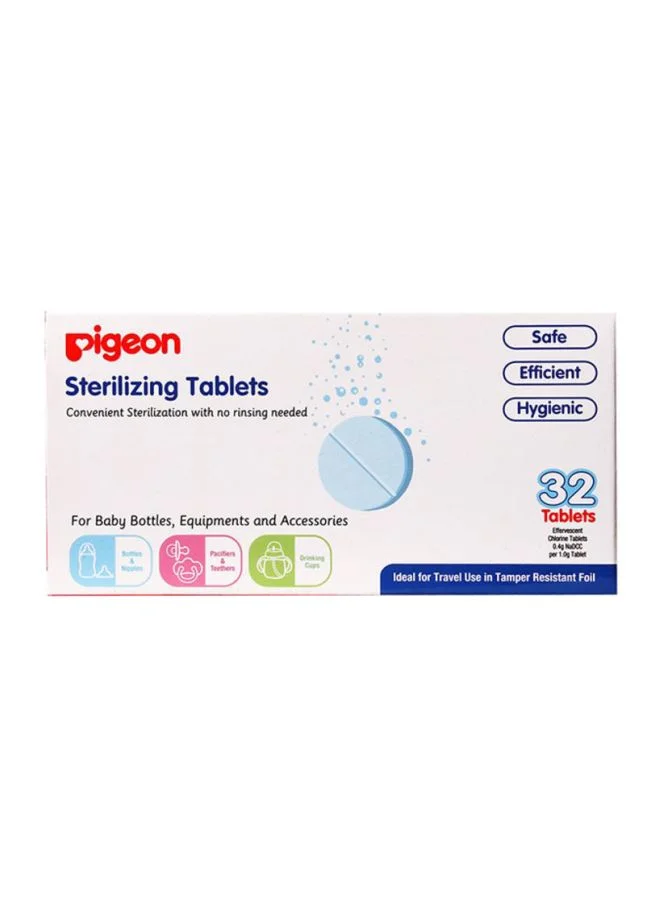 pigeon Pack Of 32 Safe, Efficient And Hygienic, Rinse Free, Travel Friendly Sterilizing Tablets For Baby Bottles, Equipments And Accessories, White