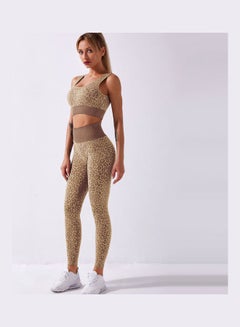 2-Piece Leopard Printed Sports Bra And High Waist Legging Set Khaki