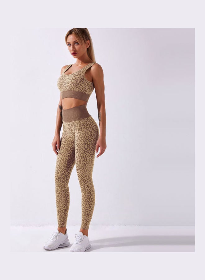 Generic - 2-Piece Leopard Printed Sports Bra And High Waist Legging Set Khaki - Image 1