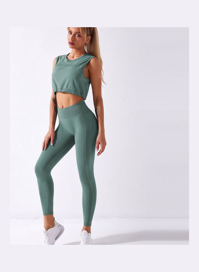 2-Piece Solid Tank Top And High Waist Legging Set Dark Green  - Image 2