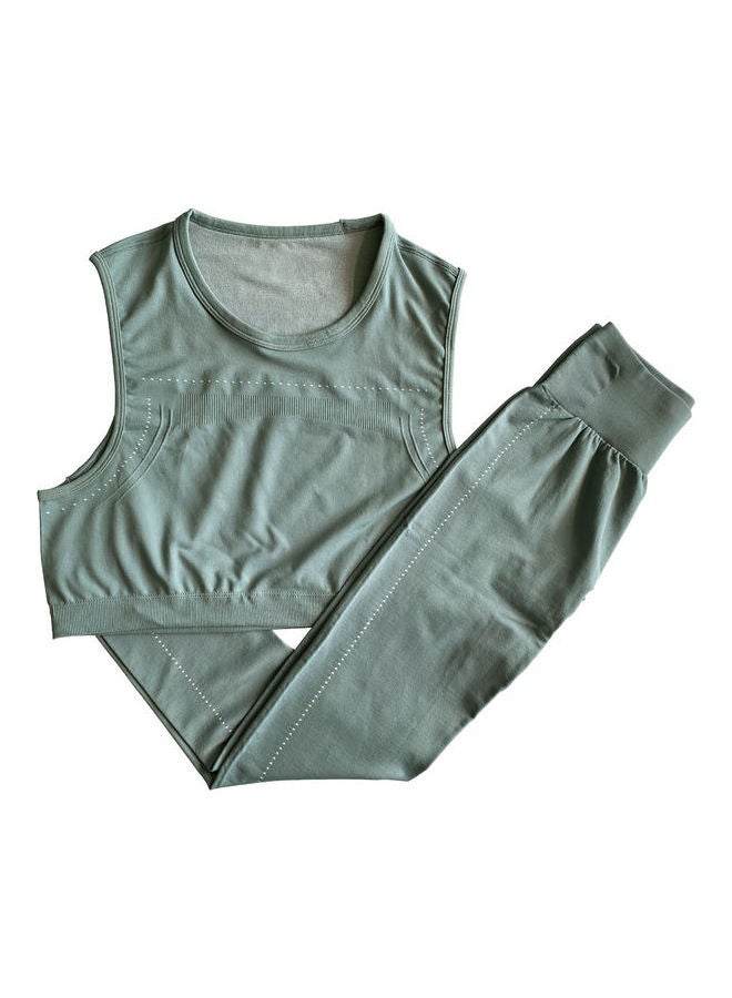 2-Piece Solid Tank Top And High Waist Legging Set Dark Green  - Image 1