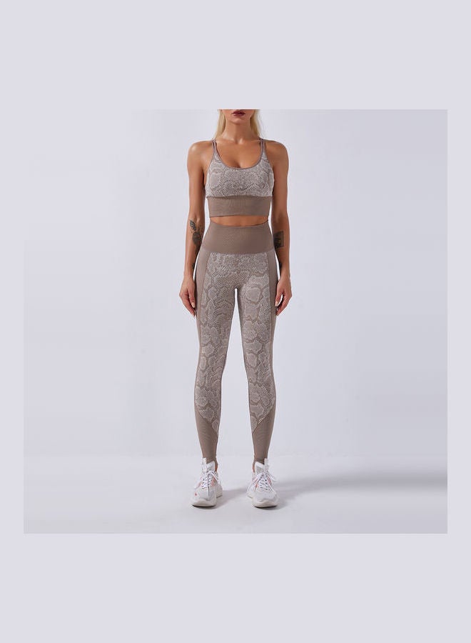 2-Piece Snakeskin Printed Sports Bra And High Waist Legging Set Khaki  - Image 4