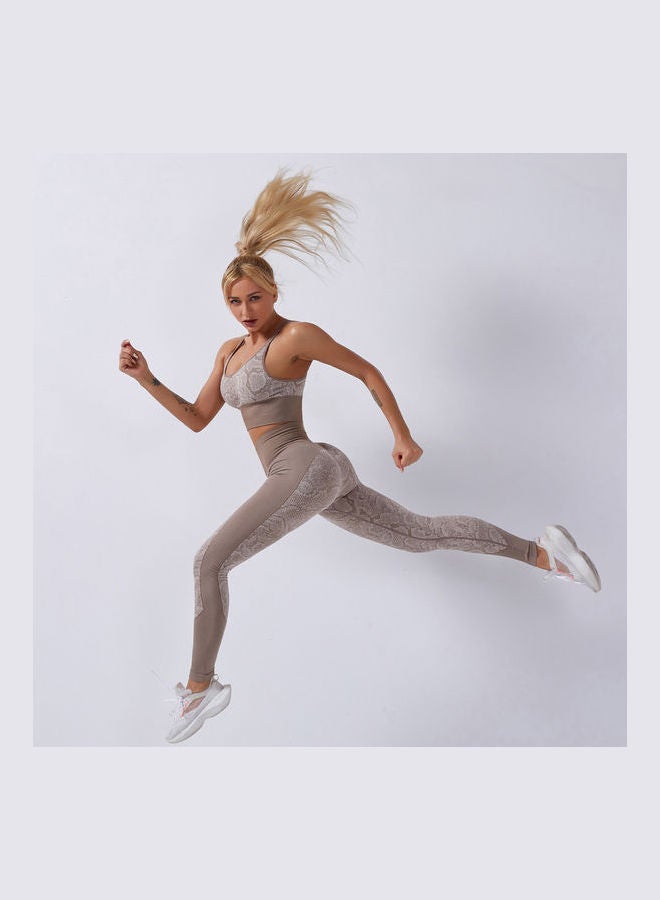 2-Piece Snakeskin Printed Sports Bra And High Waist Legging Set Khaki  - Image 2