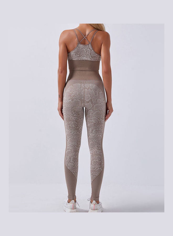2-Piece Snakeskin Printed Sports Bra And High Waist Legging Set Khaki  - Image 5