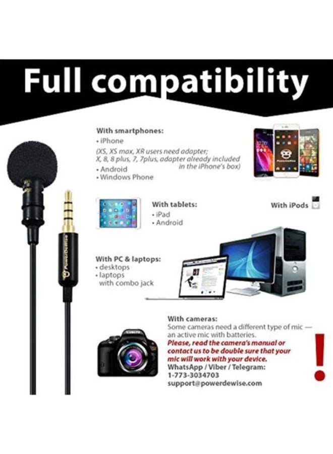 Professional Grade Lavalier Microphone Omnidirectional Mic With Easy Clip On System Perfect For Recording Youtube/Interview/Video Conference/Podcast/Voice Dictation/iPhone/ASMR 10765900 Black