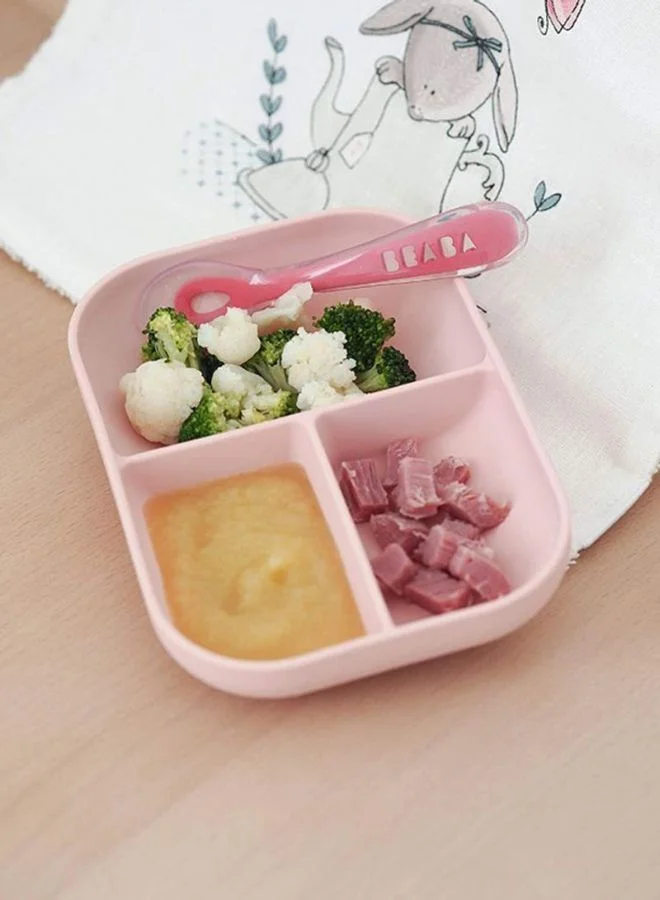 BEABA Baby Suction Plate - Silicone Divided Plate With Suction Cup With Silicone Spoon - Sticks To The Table/High Chair Tray - Microwave Safe - Toddler Meal Set - Pink