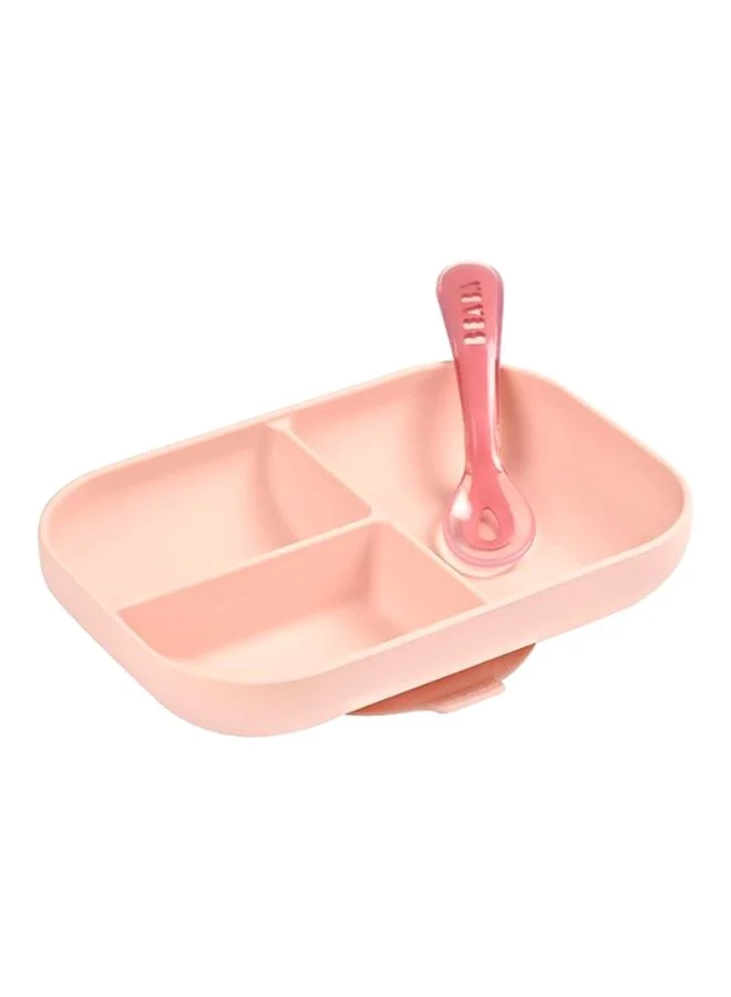 BEABA Baby Suction Plate - Silicone Divided Plate With Suction Cup With Silicone Spoon - Sticks To The Table/High Chair Tray - Microwave Safe - Toddler Meal Set - Pink