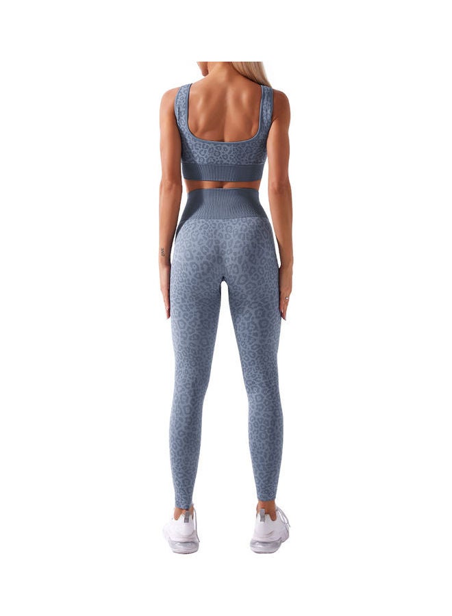 Generic - 2-Piece Leopard Printed Sports Bra And High Waist Legging Set Blue - Image 1