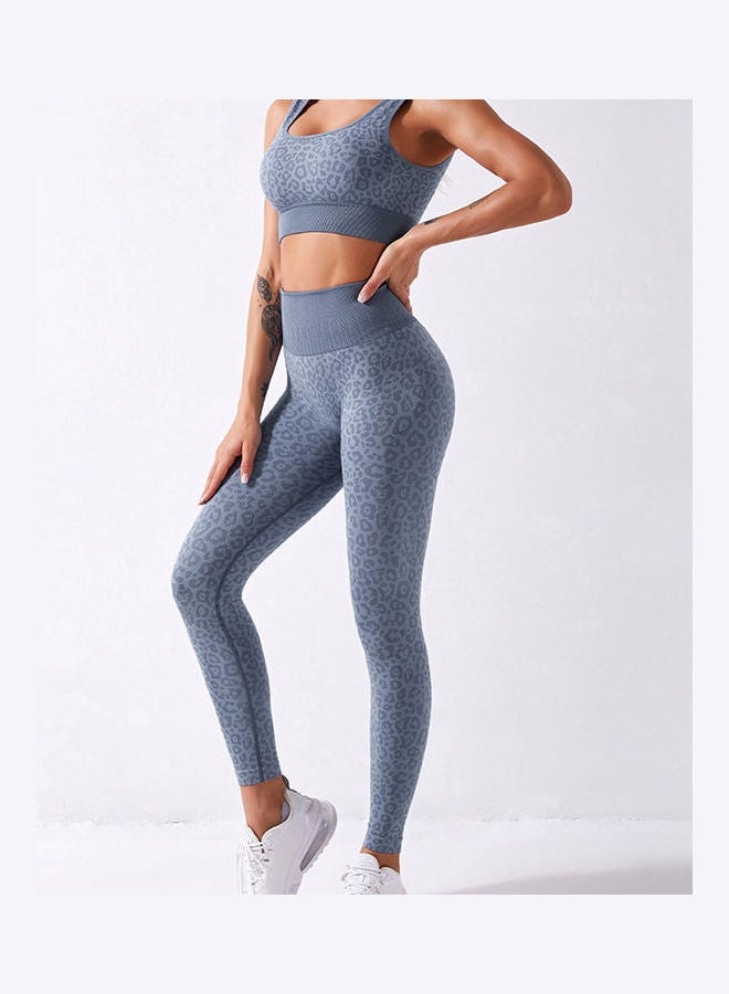 Generic - 2-Piece Leopard Printed Sports Bra And High Waist Legging Set Blue - Image 1