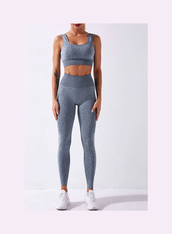 Generic - 2-Piece Leopard Printed Sports Bra And High Waist Legging Set Blue - Image 1