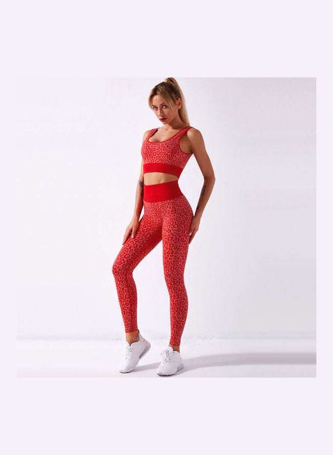 2-Piece Leopard Printed Sports Bra And High Waist Legging Set Red  - Image 1