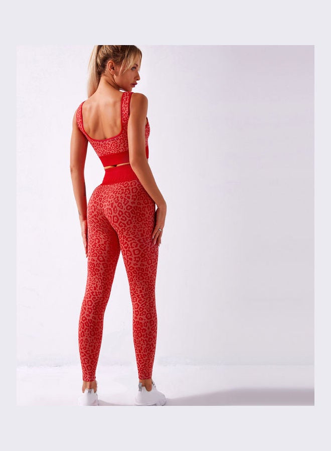 2-Piece Leopard Printed Sports Bra And High Waist Legging Set Red  - Image 3