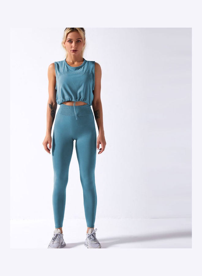 2-Piece Solid Tank Top And High Waist Legging Set Blue  - Image 1
