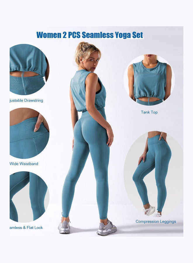 2-Piece Solid Tank Top And High Waist Legging Set Blue  - Image 2
