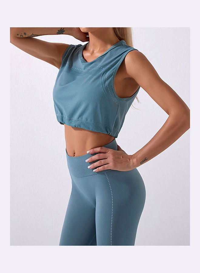 2-Piece Solid Tank Top And High Waist Legging Set Blue  - Image 3