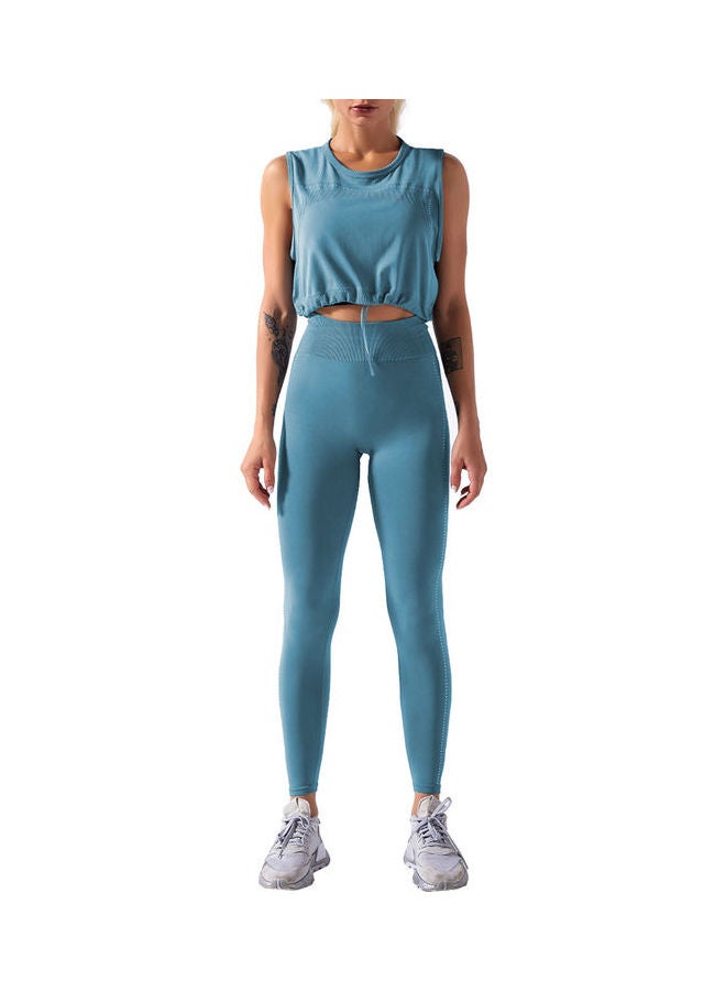 2-Piece Solid Tank Top And High Waist Legging Set Blue  - Image 4