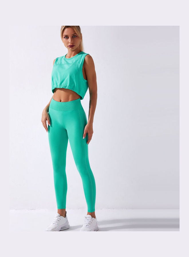 2-Piece Solid Tank Top And High Waist Legging Set Green  - Image 1